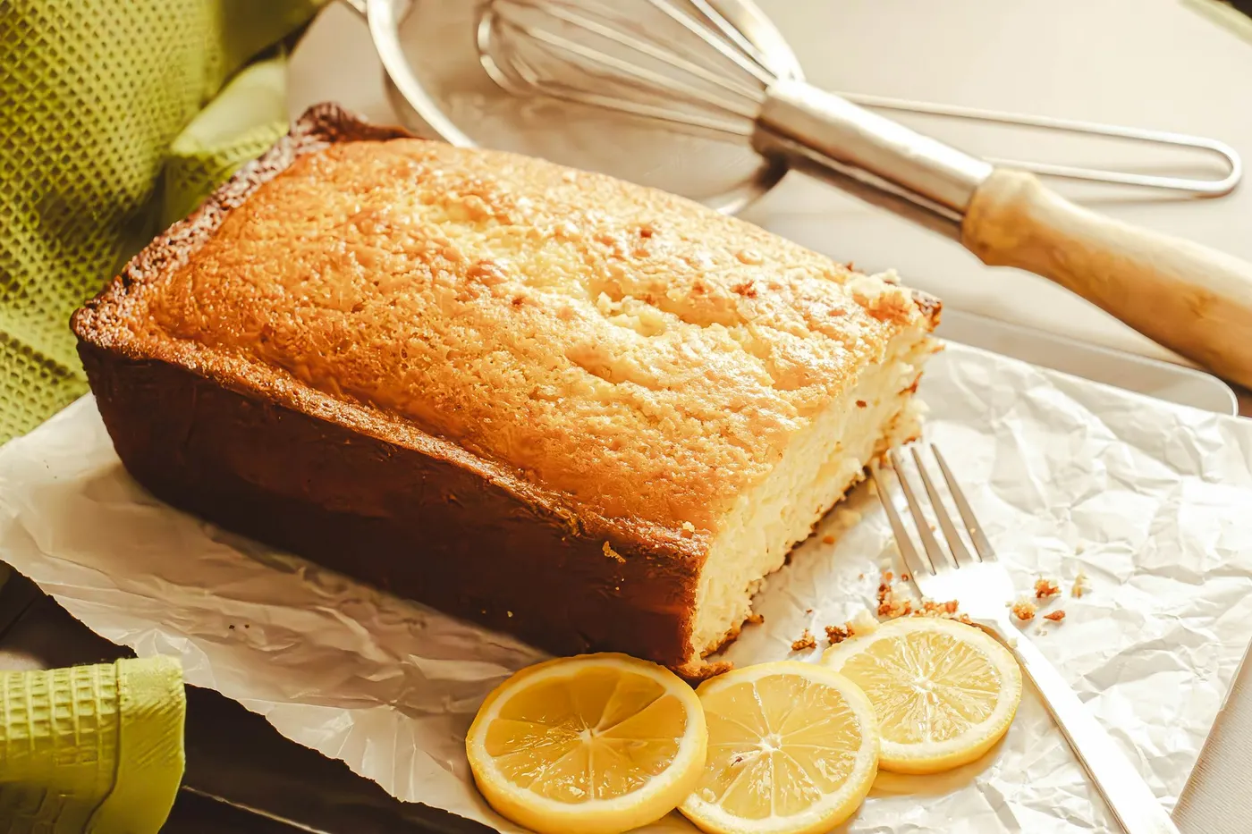 Temporary review photograph of a lemon loaf on parchment, with lemon slices and a whisk. Atmospheric only. Not an approved product image.